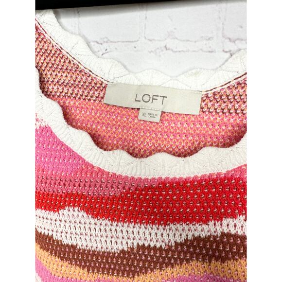 LOFT Wavy Stripe Scoop Neck Sweater Tank Top Pink Zinnia Knit Womens XL - Picture 2 of 5
